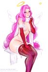  1girl alternate_costume artist_name bare_shoulders bikini breasts closed_mouth elbow_gloves feet_out_of_frame gloves halo hand_up highres league_of_legends long_hair medium_breasts merellyne pink_hair red_gloves red_thighhighs seraphine_(league_of_legends) shiny_skin sitting smile solo star_(symbol) swimsuit thighhighs web_address white_background white_bikini wings 