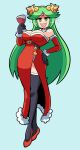  1girl bare_shoulders belt black_thighhighs blue_background breasts christmas cup diadem dress forehead_jewel full_body green_eyes green_hair hand_on_own_hip highres holding holding_cup kevin_arthur kid_icarus kid_icarus_uprising long_hair looking_at_viewer open_mouth palutena red_footwear santa_dress solo star_(symbol) thighhighs 