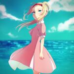  1girl ana_(mother) arms_at_sides blonde_hair blue_eyes blue_sky blush collared_dress dress from_side hairband long_hair looking_to_the_side mother_(game) mother_1 ocean parted_lips pink_dress ponytail puffy_short_sleeves puffy_sleeves red_hairband shifumame short_sleeves sky solo 