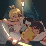  2boys aqua_eyes ash_ketchum black_hair blonde_hair brown_eyes clemont_(pokemon) commentary_request glasses hat highres holding holding_clothes indoors lantern lying male_focus multiple_boys one_eye_closed open_mouth pikachu pokemon pokemon_(anime) pokemon_xy_(anime) shirt short_hair shorts sleeping_bag smile socks suikaels tank_top unworn_hat unworn_headwear white_shirt white_socks 