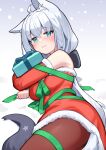  1girl ahoge animal_ears blue_eyes blush box breasts brown_pantyhose christmas commentary_request deaver detached_sleeves dress fox_ears fox_girl fox_tail fur-trimmed_dress fur-trimmed_sleeves fur_trim gift gift_box green_ribbon highres holding holding_gift hololive long_hair looking_at_viewer lying medium_breasts on_side pantyhose ribbon santa_dress shirakami_fubuki snow solo tail virtual_youtuber white_hair 