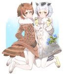  ass black_hair blonde_hair blush brown_eyes brown_hair closed_mouth coat eurasian_eagle_owl_(kemono_friends) eyebrows_visible_through_hair flower full_body fur_collar gloves hair_between_eyes hand_in_pocket kemono_friends legs_up long_sleeves mary_janes multiple_girls northern_white-faced_owl_(kemono_friends) pantyhose shiosoda shoes smile tail two_side_up white_footwear white_legwear yellow_footwear yellow_gloves 
