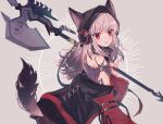  1girl animal_ears arknights axe fang frostleaf_(arknights) grey_background grey_hair headphones highres holding holding_axe implied_extra_ears looking_at_viewer looking_back open_mouth oripathy_lesion_(arknights) red_eyes red_nails ruchita solo tail 
