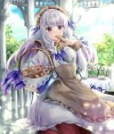  1girl apron basket blue_ribbon blue_sky brown_apron brown_wrist_cuffs chocolate_chip_cookie cloud cookie cup day dress fire_emblem fire_emblem:_three_houses fire_emblem_heroes food hair_ribbon hand_up holding holding_basket holding_food leg_up light_particles long_hair lysithea_von_ordelia lysithea_von_ordelia_(tea_party) maid_headdress open_mouth outdoors pantyhose pillar pink_eyes red_pantyhose ribbon saucer sky solo table tablecloth teacup teapot teeth upper_teeth_only white_dress white_hair wrist_cuffs yuyu_(spika) 
