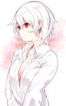  akira_(tsunekichi) albino bangs breasts cleavage closed_mouth collarbone commentary_request dress_shirt eyebrows_visible_through_hair from_side hair_between_eyes large_breasts looking_to_the_side naked_shirt original red_eyes shirt short_hair solo tsunekichi tsurime upper_body wavy_hair white_hair white_shirt 