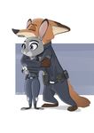  2017 anthro canine cellphone clothed clothing disney duo female fox holding_object holding_phone hug hugging_from_behind judy_hopps lagomorph male mammal nick_wilde phone police_uniform rabbit signature simple_background standing uniform white_background yitexity zootopia 