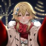  1girl blonde_hair blush breasts chumugi coat dress feather_hair_ornament feathers flower fur-trimmed_coat fur-trimmed_hood fur_trim genshin_impact gloves hair_between_eyes hair_flower hair_ornament hood looking_at_viewer lumine_(genshin_impact) medium_breasts meme open_clothes open_coat pov_cheek_warming_(meme) reaching reaching_towards_viewer red_gloves red_scarf scarf short_hair_with_long_locks white_coat white_dress white_flower yellow_eyes 