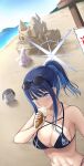  1boy 2girls angel_wings beach bikini black_bikini blue_archive blue_eyes blue_hair blue_halo blush breasts cleavage closed_mouth collarbone content_rating day doodle_sensei_(blue_archive) eating eyewear_on_head feathered_wings food halo highres holding holding_food ice_cream long_hair medium_breasts merxkialis mika_(blue_archive) multiple_girls ocean outdoors pink_hair ponytail sand_castle sand_sculpture saori_(blue_archive) sensei_(blue_archive) sunglasses swimsuit white_wings wings 