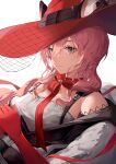  1girl absurdres animal_ears arknights breasts cat_ears ears_through_headwear feather_boa gloves grey_eyes hair_between_eyes hat heidi_(arknights) highres long_hair looking_at_viewer medium_breasts pink_hair red_gloves red_headwear shirt simple_background smile solo upper_body white_background white_shirt yonjuri 