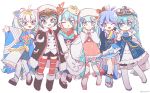  6+girls ahoge aqua_eyes aqua_hair asymmetrical_legwear beret black_coat black_footwear black_gloves black_necktie black_shorts blue_bow blue_dress blue_hair blue_kimono blue_skirt blue_socks boots borrowed_design bow braid buttons chibi clam coat colored_tips double-breasted dress eighth_note epaulettes fish_(food) food-themed_hair_ornament full_body fur-trimmed_boots fur-trimmed_coat fur_trim geta gloves grin hair_ornament hair_ribbon hand_up hands_on_own_cheeks hands_on_own_face hashtag_only_commentary hat hatsune_miku highres holding holding_spoon ikura_(food) jacket japanese_clothes kimono knee_boots layered_dress military_uniform miniskirt mismatched_legwear multicolored_hair multiple_girls musical_note musical_note_print naval_uniform necktie one_eye_closed open_mouth outstretched_arm peaked_cap pink_hair pink_skirt pleated_skirt red_ribbon red_shirt red_thighhighs ribbon scallop seigaiha seomin shamoji shirt shorts side-by-side side_braid skirt smile socks spoon staff_(music) star_(symbol) star_hair_ornament striped striped_thighhighs thighhighs twitter_username uniform v vocaloid white_background white_dress white_footwear white_hair white_headwear white_jacket white_kimono wide_sleeves year_connection yellow_bow yuki_miku yuki_miku_(2022) yuki_miku_(2022)_(candidate_no.1) yuki_miku_(2022)_(candidate_no.3) yuki_miku_(2022)_(candidate_no.4) yuki_miku_(2022)_(candidate_no.5) yuki_miku_(2022)_(candidate_no.6) 