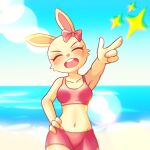 anthro beach breasts clothed clothing female fur hi_res huitu_c kils_rinto lagomorph leporid mammal pose rabbit seaside smile thick_thighs wide_hips yellow_body yellow_fur yellow_rabbit_(huitu_c)