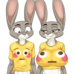 2023 akiric anthro big_breasts breast_size_difference breasts clothing disney duo female fur grey_body grey_fur huge_breasts judy_hopps juggy_topps lagomorph leporid mammal meme meme_clothing multicolored_body multicolored_fur nipple_outline rabbit shirt small_breasts smile topwear two_tone_body two_tone_fur white_body white_fur zootopia