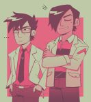  ... 2boys black_hair brown_hair closed_eyes closed_mouth cowboy_shot crossed_arms dark-skinned_male dark_skin gideon_gordon_graves glasses hair_over_one_eye hands_in_pockets highres limited_palette long_sideburns male_focus matthew_patel multiple_boys rectangular_eyewear scott_pilgrim_(series) scott_pilgrim_takes_off short_hair side-by-side sideburns simple_background skycaelo smile 