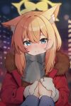  1girl 1other animal_ear_fluff animal_ears blue_archive blue_eyes blush closed_mouth coat grey_scarf halo long_hair long_sleeves looking_at_viewer mari_(blue_archive) moepu. open_mouth orange_hair red_coat scarf smile solo_focus upper_body yellow_halo 
