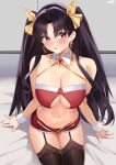 1girl absurdres black_hair bra breasts brown_thighhighs cleavage detached_collar earrings fate/grand_order fate_(series) hair_ribbon highres hoop_earrings ishtar_(fate) jewelry kurozawa_yui large_breasts long_hair looking_at_viewer miniskirt open_mouth parted_bangs pendant red_bra red_eyes red_skirt ribbon skirt solo thighhighs two_side_up underwear 