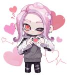  1girl ? ?? black_pants closed_mouth commentary cowboy_shot earrings eyebrow_cut heart heart_hands highres jewelry medium_hair myon_rio octoling octoling_girl one_eye_closed pants pink_hair red_eyes solo splatoon_(series) splatoon_3 symbol-only_commentary tentacle_hair torn_clothes torn_pants white_background 