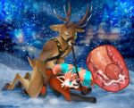 ailurid anthro bodily_fluids cum cum_inside deer duo furrawin genital_fluids hi_res male male/male mammal red_panda snow