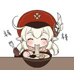  1girl appletea blonde_hair bowl cabbie_hat char-siu chibi child closed_eyes clover_print eating egg food fork genshin_impact gloves happy hat holding holding_fork klee_(genshin_impact) noodles pointy_ears ramen simple_background single_hair_intake solo upper_body white_background 