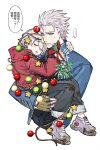  2boys blue_coat blue_eyes christmas christmas_lights closed_mouth coat color_xiao devil_may_cry_(series) father_and_son fingerless_gloves gloves hair_slicked_back highres holding hood hoodie male_focus multiple_boys nero_(devil_may_cry) pale_skin red_hoodie shoes sleeping vergil_(devil_may_cry) white_hair 