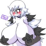 2023 alyrise anthro areola big_breasts black_areola black_hair black_nipples blush breasts collar disembodied_hand eye_spot female flustered frown fur galarian_form galarian_zigzagoon hair half-length_portrait hi_res huge_breasts looking_down mammal multicolored_hair nintendo nipple_fetish nipple_pinch nipple_play nipples nude pinch pokemon pokemon_(species) pokemorph portrait red_eyes regional_form_(pokemon) simple_background solo star_areola star_marking two_tone_hair white_background white_body white_fur white_hair wide_hips