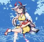  1girl black_hair breasts chain closed_eyes closed_mouth collarbone cow_horns crop_top grey_hair haori highres horns itomugi-kun japanese_clothes large_breasts multicolored_hair red_horns short_hair shorts smile solo split-color_hair touhou ushizaki_urumi yellow_shorts 