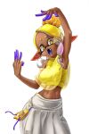 animal_humanoid big_breasts blonde_hair bottomwear breasts cephalopod cephalopod_humanoid clothed clothing cross_pupils dark_body dark_skin dipstick_fingers ear_piercing eyelashes fangs female frye_(splatoon) gm_laz hair hi_res humanoid humanoid_pointy_ears inkling looking_at_viewer marine marine_humanoid mollusk mollusk_humanoid navel nintendo open_mouth piercing plus_pupils pseudo_hair pupils simple_background solo splatoon squid_humanoid teeth tentacle_hair tentacles topwear unusual_pupils white_background white_bottomwear white_clothing yellow_clothing yellow_topwear