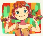  1girl blush border bow braid bright_pupils brown_hair brown_overalls character_name collarbone freckles green_eyes head_tilt holding_own_hair looking_at_viewer mother_(game) mother_1 overalls pippi_(mother) shifumame smile solo twin_braids upper_body white_border white_pupils yellow_bow 
