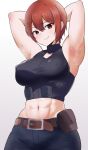  1girl abs amogan armpits arms_behind_head belt black_pants breasts brown_belt brown_eyes clothing_cutout commentary_request commission covered_nipples crop_top groin highres hip_bones large_breasts midriff muscular muscular_female navel original pants pixiv_commission pouch presenting_armpit raised_eyebrow red_hair short_hair sleeveless sleeveless_turtleneck smile solo steaming_body sweat turtleneck upper_body 