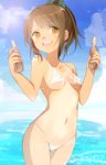 :d bikini breasts brown_eyes brown_hair cloud commentary_request covered_nipples cowboy_shot dark_skin day eyebrows_visible_through_hair hair_ornament hair_ribbon holding i-401_(kantai_collection) kantai_collection medium_breasts navel open_mouth outdoors papico_(ice_cream) ribbon round_teeth shijima_(sjmr02) sky smile solo standing swimsuit teeth twitter_username upper_teeth water white_bikini 