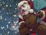 2023 anthro balls beard belly big_belly brown_body christmas christmas_clothing christmas_headwear clothing facial_hair genitals hat headgear headwear hi_res holidays humanoid_hands male mammal mature_male moobs mustelid navel nipples otter overweight overweight_male penis santa_claus santa_hat sitting skrawl small_penis solo xavier_(rudderbutts)