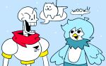 annoying_dog_(undertale) anthro avian beak bird blue_hair bone canid canine canis dialogue domestic_dog duo feathers female feral fur hair male mammal martlet_(undertale_yellow) neck_tuft papyrus_(undertale) scarf skeleton tail teeth tuft undertale undertale_(series) undertale_yellow white_body white_fur wings zepiereite
