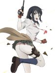  1girl absurdres ass black_hair blue_socks brown_eyes clothes_around_waist commission coppelion fingerless_gloves gloves gun handgun highres holster kneehighs loafers long_hair looking_back luger_p08 miniskirt naruse_ibara necktie no_panties open_mouth qosic school_uniform second-party_source shirt shoes simple_background skirt sleeves_rolled_up smile socks solo standing standing_on_one_leg thigh_holster torn_clothes torn_necktie weapon white_background white_shirt 