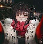  1girl blush brown_hair chainsaw_man coat cross_scar fur-trimmed_coat fur-trimmed_hood fur_trim highres hood long_hair looking_at_viewer meme open_clothes open_coat orange_eyes pov_cheek_warming_(meme) red_scarf ringed_eyes scar scar_on_cheek scar_on_face scar_on_nose scarf taorotana upper_body white_coat winter_clothes winter_coat winter_gloves yoru_(chainsaw_man) 