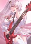  1girl :d bare_shoulders blush breasts bridal_gauntlets commentary dress electric_guitar garter_straps grey_hair guitar hair_ornament highres holding holding_plectrum indie_virtual_youtuber instrument large_breasts long_hair looking_at_viewer pink_eyes plectrum regimiruku sleeveless sleeveless_dress smile solo suou_patra symbol-only_commentary thighhighs two_side_up virtual_youtuber white_dress white_garter_straps white_thighhighs 