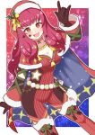  1girl absurdres amagumo1023 bodysuit breasts candy candy_cane choker christmas cleavage facial_mark fire_emblem fire_emblem_engage fire_emblem_heroes food green_ribbon hair_ornament hat highres multicolored_background multicolored_clothes official_alternate_costume red_bodysuit red_hair ribbon santa_hat solo star_(symbol) star_facial_mark star_hair_ornament star_print two-tone_cape yunaka_(fire_emblem) yunaka_(fire_emblem)_(spirited_envoy) 