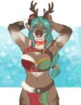 amber-aria anthro antlers bell bell_collar bottomwear bra brown_body brown_fur brown_skin clothed clothing collar dark_body dark_skin deer elf female fur green_hair hair harness horn humanoid humanoid_to_anthro jingle_bell jingle_bell_collar loincloth long_hair lyn_(z-ray) mammal midriff new_world_deer partially_clothed reindeer skimpy solo species_transformation tongue tongue_out transformation underwear