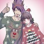  1boy 1girl :d alternate_costume alternate_hair_ornament black_hair blunt_bangs blush bow christmas_tree collarbone danganronpa_(series) danganronpa_v3:_killing_harmony facial_hair fake_antlers goatee gradient_background green_sweater hair_bow hair_ornament hairclip hand_on_another&#039;s_shoulder harukawa_maki hat heart highres long_hair momota_kaito notice_lines red_bow red_headwear red_sweater santa_hat satori_(aosky9077) smile sweat sweater teeth thumbs_up ugly_sweater upper_body upper_teeth_only wavy_mouth 