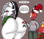 anthro bent_over big_breasts big_butt blitzo_(helluva_boss) bodily_fluids bottomless breasts butt canid canid_demon canine canis christmas christmas_clothing christmas_headwear clothed clothing demon ear_piercing english_text female freckles grey_hair group hair hashidoodle hat headgear headwear hellhound helluva_boss holidays huge_butt humanoid kiss_my_ass larger_female loona_(helluva_boss) male mammal mistletoe moxxie_(helluva_boss) piercing plant red_eyes santa_hat size_difference smile smug speech_bubble sweat sweater tattoo text topwear trio
