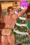  1boy absurdres alex_(stardew_valley) alternate_costume ass bakku_(bakkunsfw) bara brown_hair christmas christmas_tree decorating feet_out_of_frame from_behind gift_wrapping green_eyes highres large_pectorals looking_at_viewer male_focus mature_male muscular muscular_male nipples pectorals revealing_clothes short_hair sideburns_stubble snowing solo standing stardew_valley thick_eyebrows thick_thighs thighs 