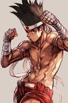  black_hair brown_hair fatal_fury fingerless_gloves gloves hankuri headband joe_higashi long_hair looking_at_viewer male_focus muay_thai muscle shirtless shorts sketch solo the_king_of_fighters 