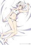  bed bed_sheet blue_eyes blush breasts full_body lolivia looking_at_viewer meteora_osterreich navel panties re:creators short_hair silver_hair small_breasts smile solo underwear white_hair white_panties 