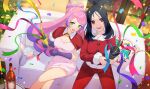  2girls alcohol black_hair breasts christmas christmas_tree cleavage commentary_request confetti couch dendra_(pokemon) dress gloves hatenna highres hsin indoors long_hair medium_hair miriam_(pokemon) multicolored_hair multiple_girls on_couch open_mouth pants pink_dress pink_hair pokemon pokemon_(creature) pokemon_sv purple_gloves purple_hair red_eyes red_pants smile sparkle teeth two-tone_hair upper_teeth_only 