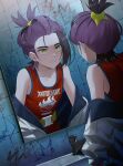  1boy bare_shoulders belt black_hair buckle commentary faucet graffiti highres indoors jacket kieran_(pokemon) looking_at_self male_focus mirror mole mole_on_neck multicolored_hair off_shoulder pokemon pokemon_sv purple_hair red_shirt reflection shirt shiyano short_ponytail sleeveless sleeveless_shirt symbol-only_commentary tile_wall tiles two-tone_hair yellow_belt yellow_eyes zipper 