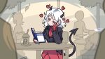  1girl azazel_(helltaker) black_jacket blush book crowd cup demon_horns demon_tail drinking_straw hand_up head_rest heart helltaker holding holding_book horns jacket kyo-hei_(kyouhei) medium_hair modeus_(helltaker) pantyhose reading red_eyes red_pantyhose sitting tail white_hair 