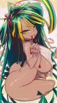  1girl absurdres ass blonde_hair breasts dark-skinned_female dark_skin green_hair hair_ribbon highres king_rooper large_breasts long_hair mouth_hold multicolored_hair nude original ribbon ribbon_in_mouth solo thick_thighs thighs yellow_eyes 
