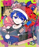  1girl black_capelet blue_eyes blue_hair book building capelet closed_mouth doremy_sweet electric_plug hat highres itomugi-kun nightcap open_book pen red_headwear short_hair solo touhou 