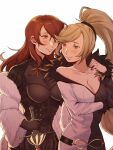  2girls bad_id bad_twitter_id bare_shoulders belt black_bodysuit black_dress black_gloves blazblue blazblue:_cross_tag_battle blonde_hair bodysuit breasts cleavage coat crossover dress fur_coat fur_trim gloves hand_on_own_shoulder heterochromia high_ponytail highres hilda_(under_night_in-birth) holding holding_sword holding_weapon kirijou_mitsuru large_breasts long_hair multiple_girls one_eye_covered persona persona_3 red_eyes red_hair simple_background swept_bangs sword under_night_in-birth upper_body very_long_hair weapon white_background white_coat yukari_(bryleluansing) yuri 