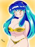  1girl absurdres animal_print bikini blush breasts cleavage closed_mouth donguri2 green_hair highres horns large_breasts looking_at_viewer lum navel oni solo swimsuit tiger_print urusei_yatsura yellow_eyes 