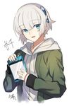  :d artist_name blue_eyes casual cd_case commentary_request episode_number gloves hair_ornament hood hoodie jacket looking_at_viewer meteora_osterreich nikame open_mouth re:creators short_hair signature silver_hair smile solo white_hair 