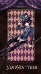  1boy black_necktie black_pants cane checkered_clothes cosplay danganronpa_(series) danganronpa_v3:_killing_harmony green_headwear green_suit halloween hand_on_headwear hat holding holding_cane holding_clothes holding_hat mad_hatter_(alice_in_wonderland) mad_hatter_(alice_in_wonderland)_(cosplay) necktie oma_kokichi pants pixiv shirt solo suit twitter_username white_shirt z-epto_(chat-noir86) 